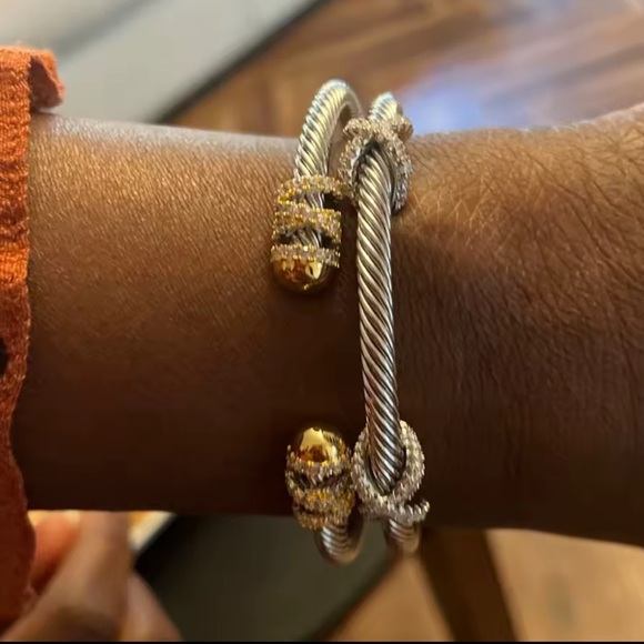 Elegant Twisted Cable Stainless Steel Cuff Bracelet with Zircon Ends - Picture 7 of 8